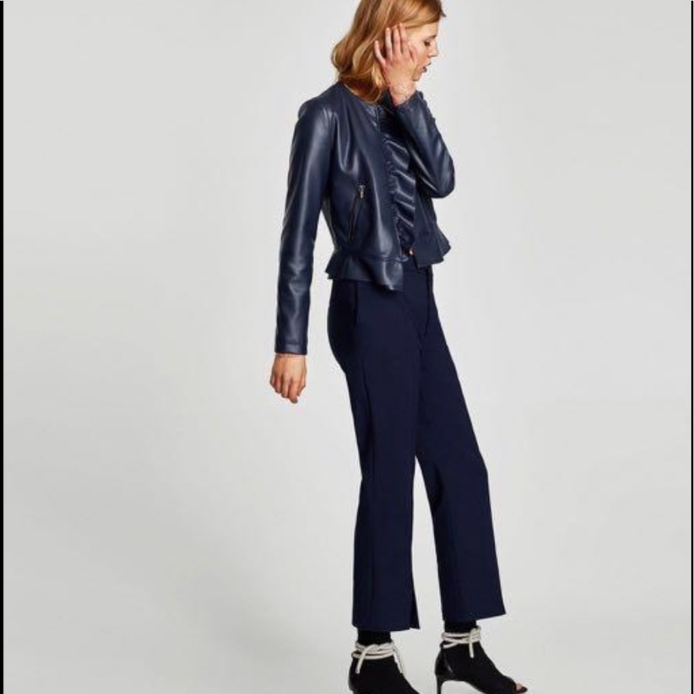New, Zara Faux Leather Jacket with Ruffle Trim - Picture 2 of 9